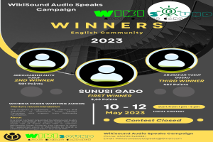 Ein buntes Plakat mit einem blauen Hintergrund und gelber und weißer Schrift, die in fetter Schrift 'Gewinner' lesen, mit lachenden Menschen in der Mitte.