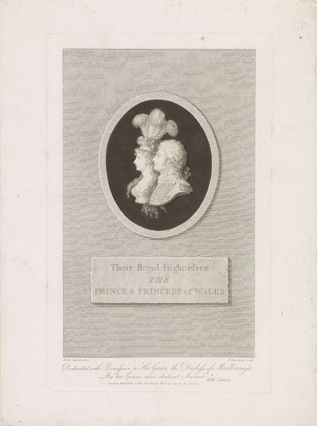 Schwarzes und wei├čes Bild eines Papiers mit einem Foto des Prinzen und der Prinzessin von Wales neben etwas gedrucktem Text.