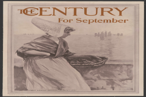 Eine Frau in einem weißen Kleid und einem blauen Schal hält einen Korb, mit "Das Jahrhundert für September" darüber geschrieben; sie steht entschlossen gegen einen sternenklaren Nachthimmel.