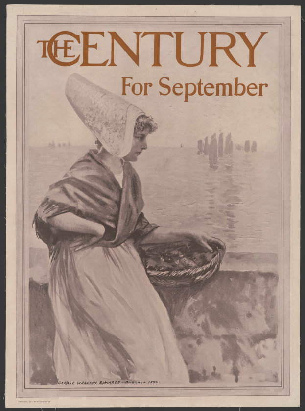 Eine Frau in einem weißen Kleid und einem blauen Schal hält einen Korb, mit "Das Jahrhundert für September" darüber geschrieben; sie steht entschlossen gegen einen sternenklaren Nachthimmel.