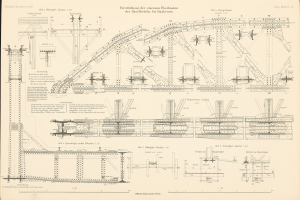 Ein altes Buch mit einer Zeichnung einer Eisenbahnschiene, gefüllt mit detaillierten Diagrammen und Texten über den Bau einer Brücke.