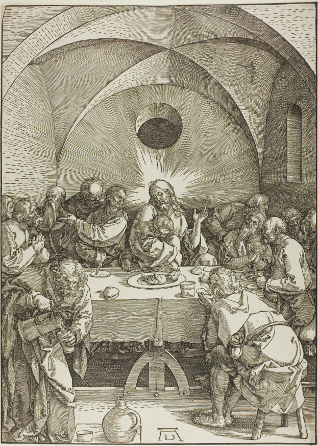 Eine Gruppe von Menschen sitzt um einen Tisch mit Tellern, Schüsseln und anderen Gegenständen, mit dem Text "Das letzte Abendmahl von Albrecht Dürer" unten.