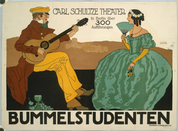 Ein Plakat wirbt für ein Konzert im Carl-Schulze-Theater in Berlin, Deutschland, mit einem Mann, der eine Gitarre spielt und einer Frau, die einen Fächer hält, sowie Text auf dem Plakat.