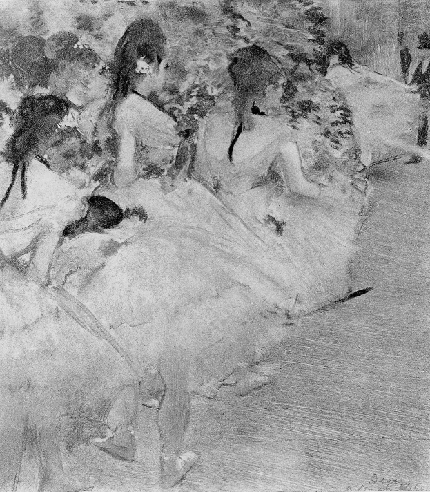 Eine Schwarz-Weiß-Zeichnung einer Gruppe von Tänzern in einem Studio, mit einem Tänzer in der Mitte, die alle farbenfrohe Tutus und Spitzenschuhe tragen, vor einem unscharfen Hintergrund mit Text unten.