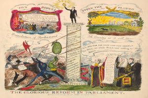 Ein buntes Blatt mit detaillierten Bildern und einer hoffnungsvollen Botschaft für eine Reform im Parlament.