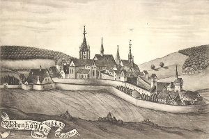 Eine Schwarz-Weiß-Zeichnung einer Stadt mit einem zentralen Schloss, umgeben von Häusern, Bäumen, Hügeln und Himmel, mit der Aufschrift "Bayerisch" unten.