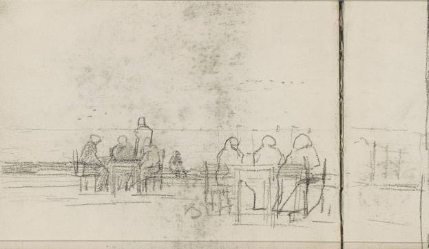 Eine Skizze von Joseph Mallord William Turner zeigt eine Gruppe von Menschen an einem Tisch in einem Cafe sitzend, mit gedämpften erdigen Tönen, die eine friedliche Atmosphäre schaffen.