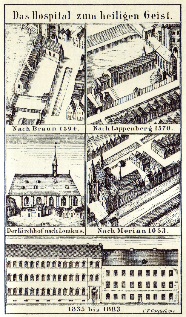 Eine detaillierte Plakatillustration eines deutschen Krankenhauses mit Fenstern, Türen und Balkonen sowie begleitendem Text.
