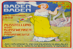 Ein Vintage-Plakat, das ein Baden-Baden-Bierfest im Jahr 1902 bewirbt, zeigt eine Frau in einem gelben Kleid vor einem Baum stehend, die ein Objekt hält, mit Text, der das Ereignis ankündigt.