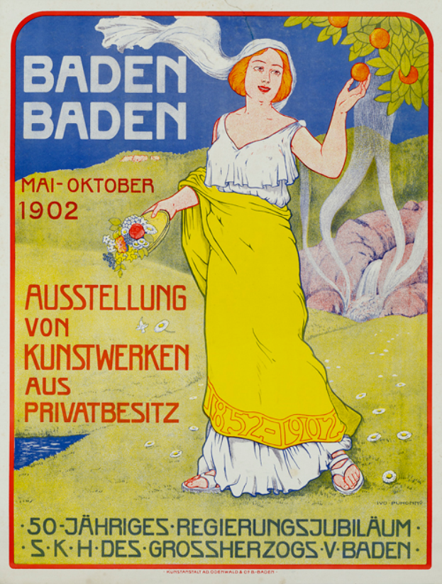 Ein Vintage-Plakat, das ein Baden-Baden-Bierfest im Jahr 1902 bewirbt, zeigt eine Frau in einem gelben Kleid vor einem Baum stehend, die ein Objekt hält, mit Text, der das Ereignis ankündigt.