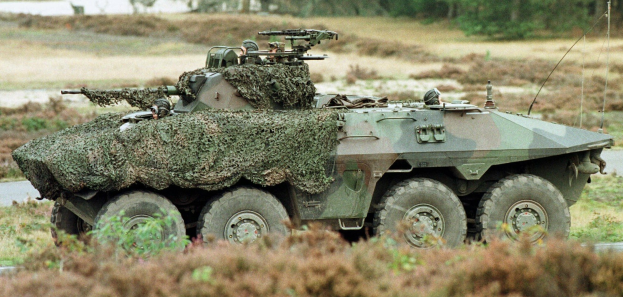 Militärischer Mannschaftstransporter mit einer montierten großen Kanone, der auf einer Straße neben einem Wald fährt.