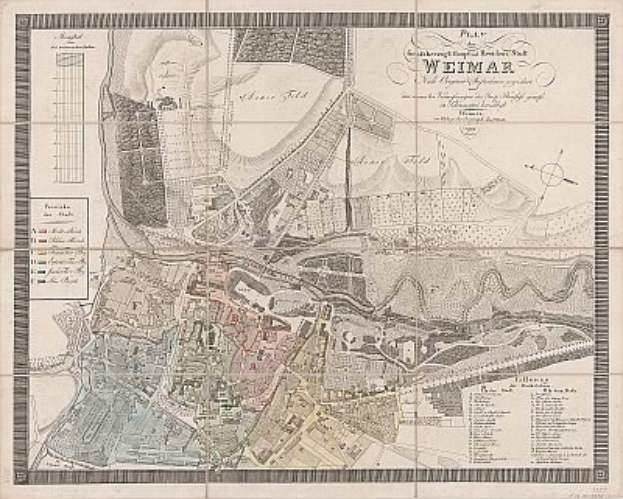 Detailierte alte Karte von Weimar, Deutschland, zeigt Straßen, Gebäude und Sehenswürdigkeiten mit begleitendem Text über die Bevölkerung und Merkmale der Stadt.