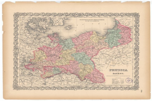 Alte gedruckte Karte, die die Grenzen von Preußen und Sachsen auf vergilbtem Papier zeigt.