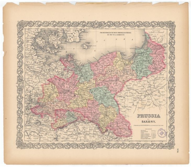 Alte gedruckte Karte, die die Grenzen von Preußen und Sachsen auf vergilbtem Papier zeigt.