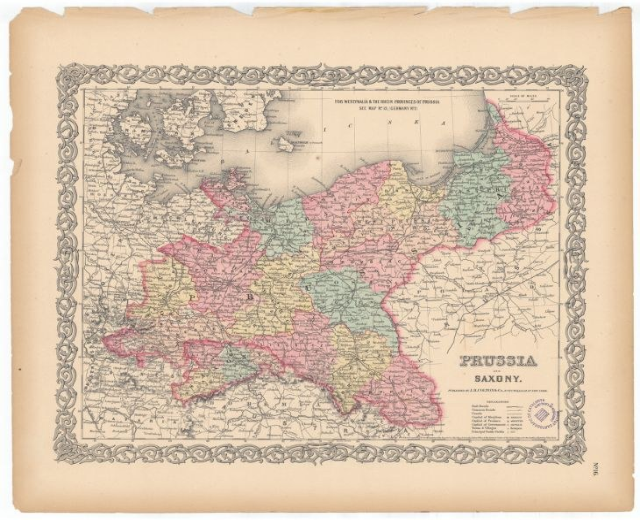 Alte gedruckte Karte, die die Grenzen von Preußen und Sachsen auf vergilbtem Papier zeigt.