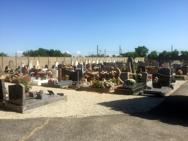 Ein Friedhof mit zahlreichen Grabsteinen und Blumen, eine ferne Wand, Strommasten mit Drähten, Bäume und ein bewölkter Himmel.