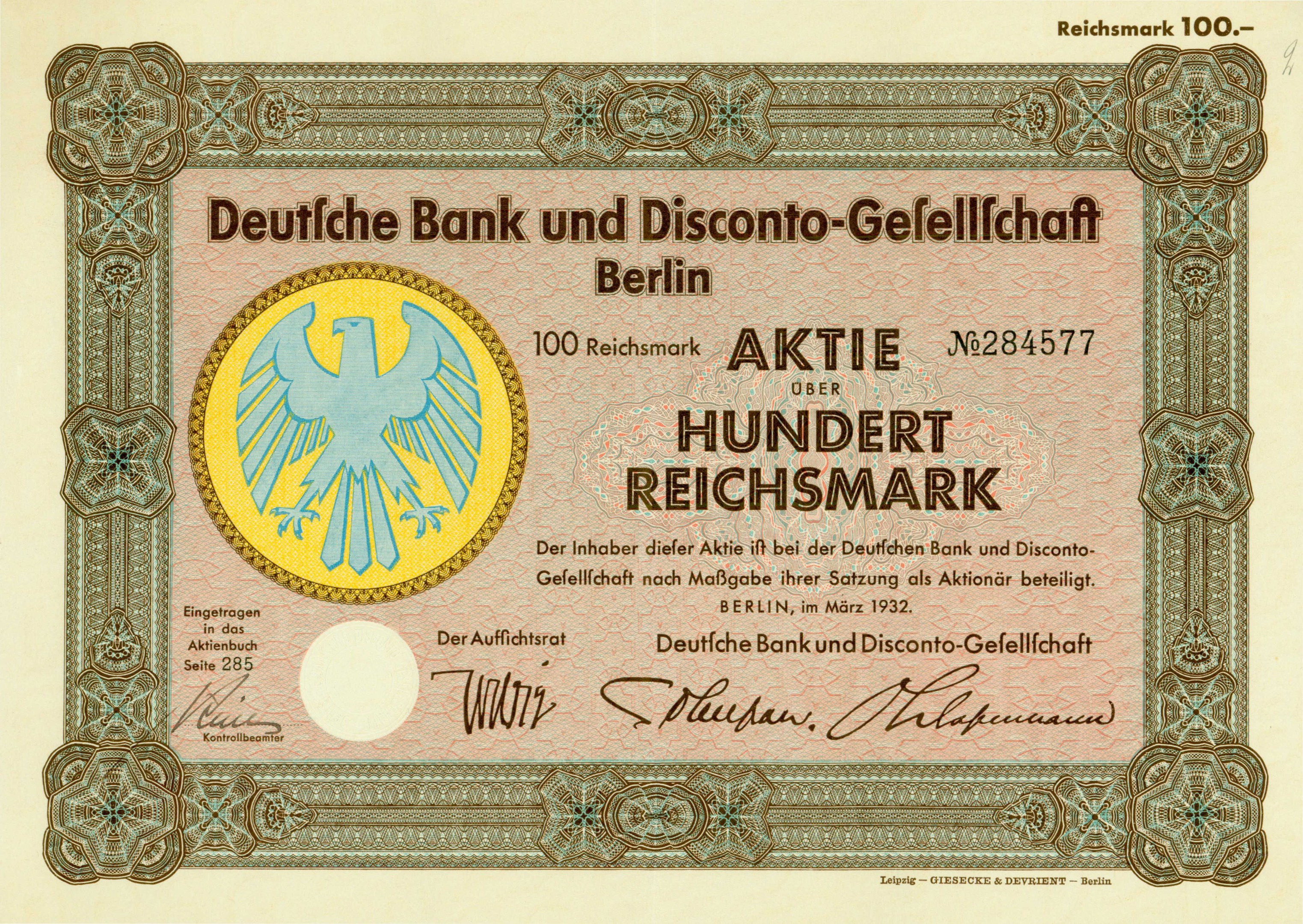 Alte deutsche Banknote mit einem Vogel-Design und der Inschrift "Deutsche Bank und Disconto-Gesellschaft Berlin".