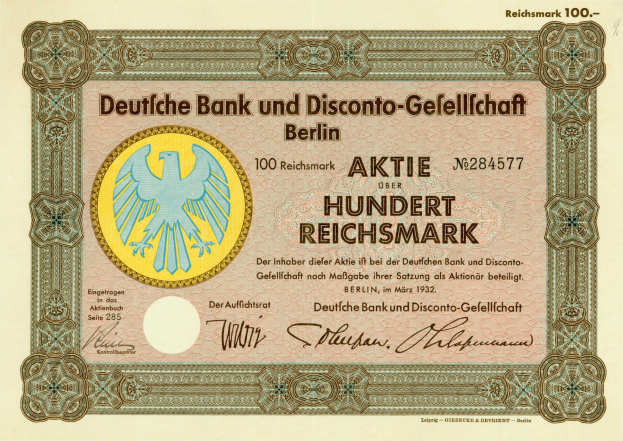 Alte deutsche Banknote mit einem Vogel-Design und der Inschrift "Deutsche Bank und Disconto-Gesellschaft Berlin".