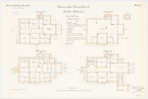 Ein detaillierter Grundrissplan der Frankfurter Frauenkirche mit zahlreichen Räumen und begleitendem Text.