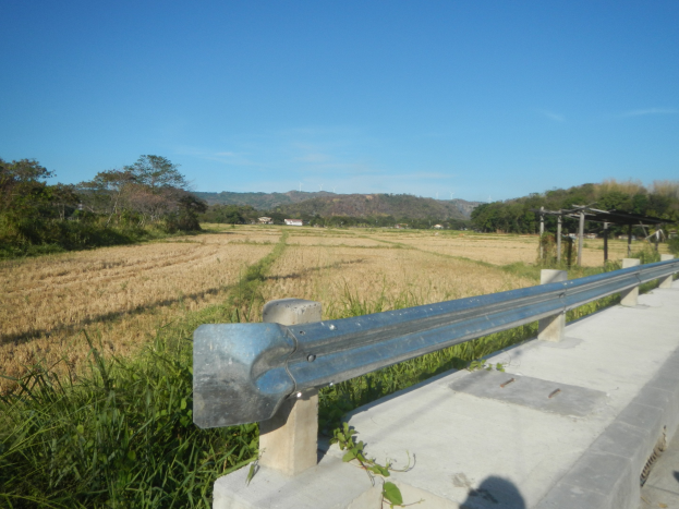 Eine Straße mit einer Metallschutzplanke, grünem Gras, Bäumen, Hügeln und einem klaren blauen Himmel.
