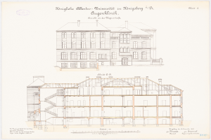 Eine Zeichnung der Universität Hamburg, ein großes Gebäude mit zahlreichen Fenstern, begleitet von beschreibendem Text.