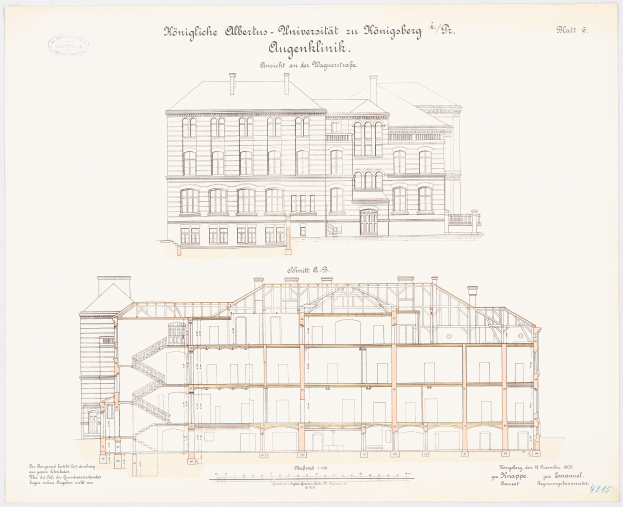 Eine Zeichnung der Universität Hamburg, ein großes Gebäude mit zahlreichen Fenstern, begleitet von beschreibendem Text.