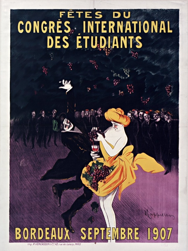 Plakat für eine Weinprobe in Bordeaux 1907 mit einer Frau in gelbem Kleid und Weinglas, umgeben von einer Menge, mit Text auf dem Plakat