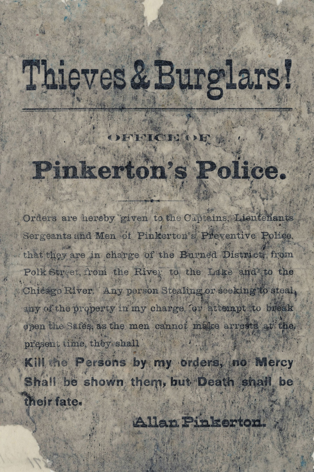 Ein Plakat mit fetter schwarzer Schrift, die den Text 'Diebe & Einbrecher Pinkerton's Police' zeigt, auf einem weißen Hintergrund, eingerahmt von einem schmalen schwarzen Rand.