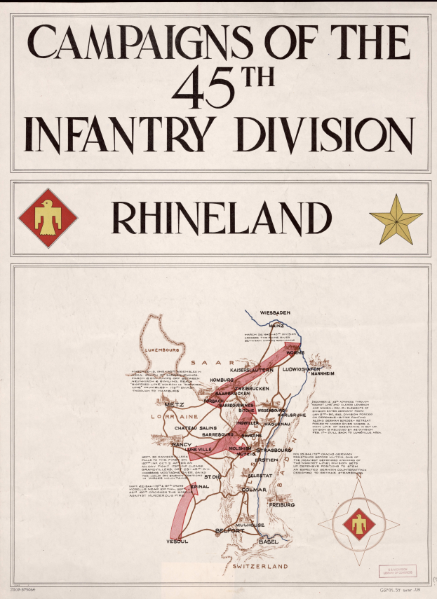 Ein Plakat mit einer detaillierten Karte der Kampagnen der 45. Infanteriedivision in Rheinland, farbkodierte Divisionen und begleitenden Text, der die Kampagnen, Divisionsnamen und Schlachttermine beschreibt.