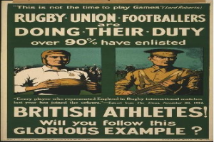 Plakat mit zwei Rugbyspielern in Uniform, Text gibt an über 90% der britischen Athleten sind für den Dienst eingeteilt.