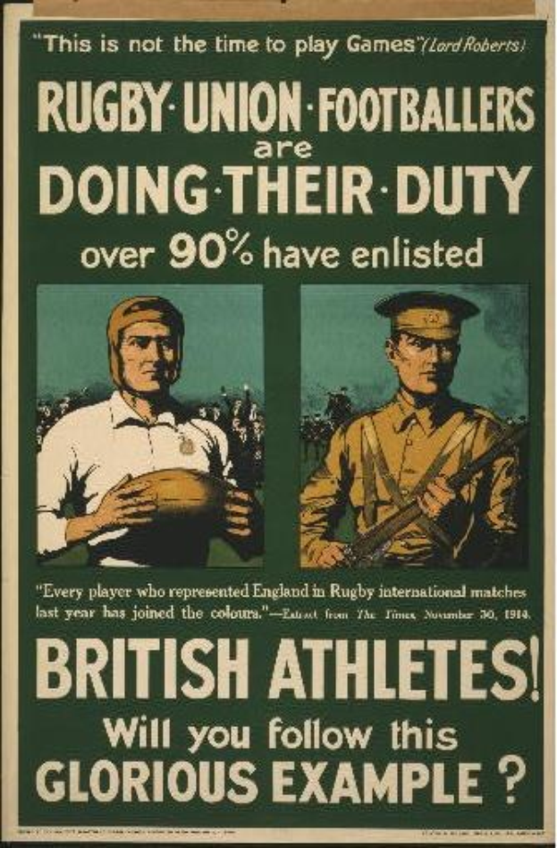 Plakat mit zwei Rugbyspielern in Uniform, Text gibt an über 90% der britischen Athleten sind für den Dienst eingeteilt.