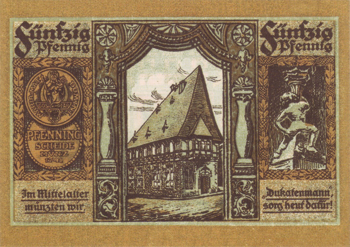 Alte deutsche Banknote mit einer Illustration eines zentralen Gebäudes, umgeben von Text.