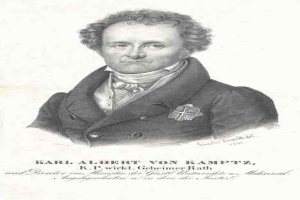 Schwarzes und weißes Porträt von Karl Albert von Kampfz, einem deutschen Komponisten, mit Text unten auf dem Bild.