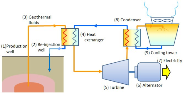 Diagramm einer Geothermiekraftwerk, das den Prozess der Geothermie mit beschrifteten Komponenten veranschaulicht.
