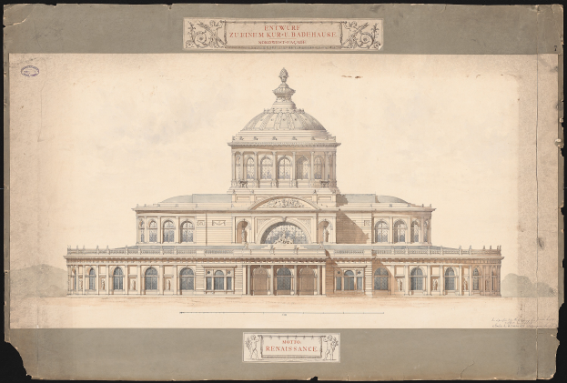 Eine Zeichnung des Eingangs zum Zuenem Kur-Badenhausen in Dresden, Deutschland, mit einem großen Gebäude mit Kuppel auf einem schwarzen Hintergrund mit Text auf dem Papier.