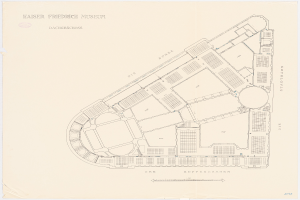 Ein detaillierter Grundriss des Kaiser Friedrich Museums in Dresden, Deutschland, mit Zimmern, Fluren und anderen Merkmalen mit Textbeschriftungen.