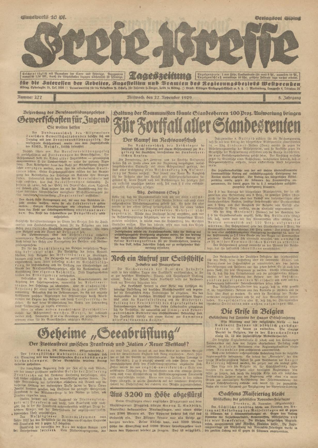 Schwarze und weiße Titelseite einer alten deutschen Zeitung mit einem ernst dreinblickenden Mann, der direkt in die Kamera schaut.
