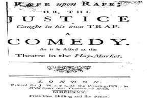 Schwarzer und weißer Plakataufkleber für eine Comedy-Show mit dem Titel "Vergewaltigung auf Vergewaltigung oder die Gerechtigkeit, die in ihrer eigenen Falle gefangen ist" in fetter schwarzer Schrift.
