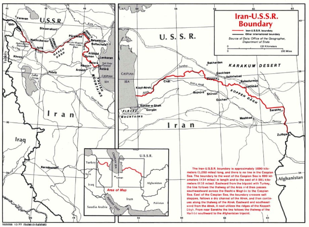 Detailierte Wandkarte des iranisch-sowjetischen Grenzverlaufs mit geografischen Merkmalen und Landgrenzen sowie erklärendem Text.