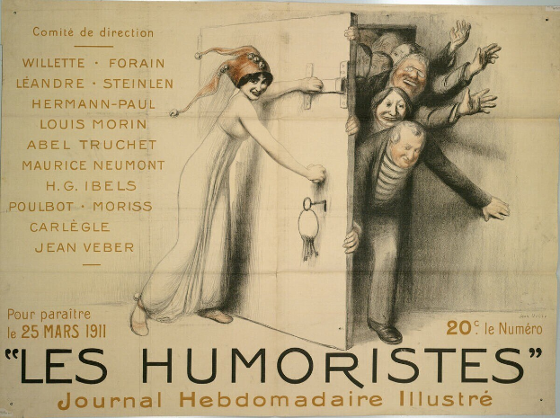 Ein buntes Plakat an einer Gebäudewand mit der Aufschrift "Les Humoristes Journal Hebdomadaire Illustré", das eine Gruppe fröhlicher, lachender Menschen zeigt.