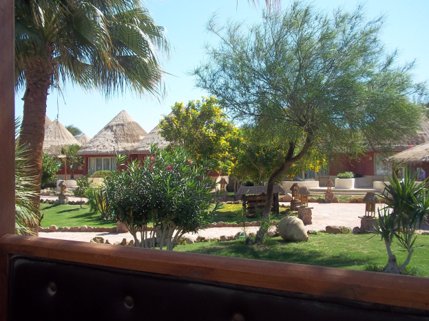 Ein Bild einer Ferienanlage mit Hütten, Grünpflanzen, Felsen, einer Bank und Himmel.