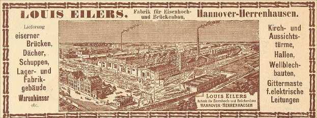 Schwarze und weiße Werbung für die Louis Eilers Hannover-Herrenhausen-Fabrik mit einem Fabrikgebäude und Text.
