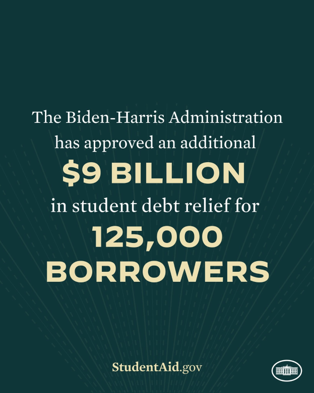 Ein Plakat mit dem Text "Die Biden-Harris-Regierung hat weitere 9 Milliarden US-Dollar an Studienkrediten für 125.000 Schuldner genehmigt" und einem Logo unten.