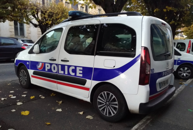 Polizeifahrzeug auf einer städtischen Straße neben Gebäuden mit Fenstern, Bäumen und verstreuten abgefallenen Blättern geparkt.