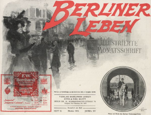Eine alte deutsche Zeitungsanzeige für "Berliner Leben", die eine lebhafte Stadtkulisse mit einer Gruppe von Menschen, hohen Gebäuden und einer Brücke im Hintergrund zeigt, mit dem Text "Berliner Leben" in fetter, schwarzer Schrift.