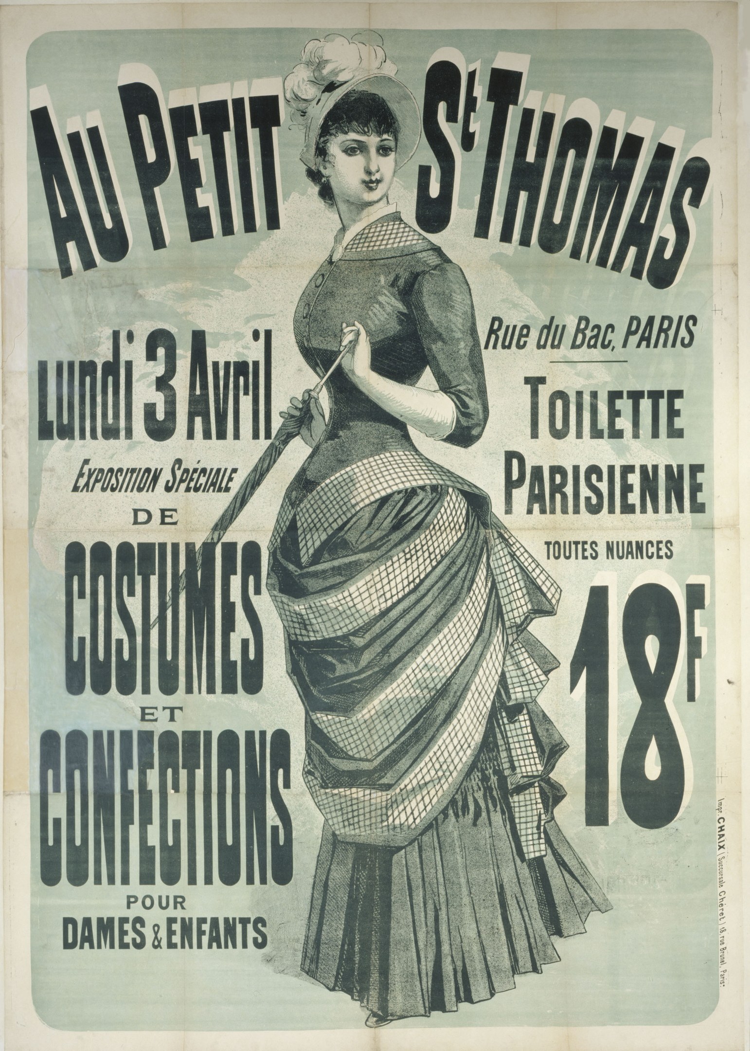 Vintage-Plakat für eine Kostümvorstellung, die eine Frau in einem langen, hochgeschlossenen Kleid mit langen Ärmeln, Haar im Dutt, anmutig posierend mit gefalteten Händen zeigt.