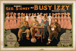 Plakat mit der Aufschrift "Witziger Geo Sidney als Busy Izzy", das eine Gruppe von Menschen an einem Tisch mit verschiedenen Gegenständen zeigt.