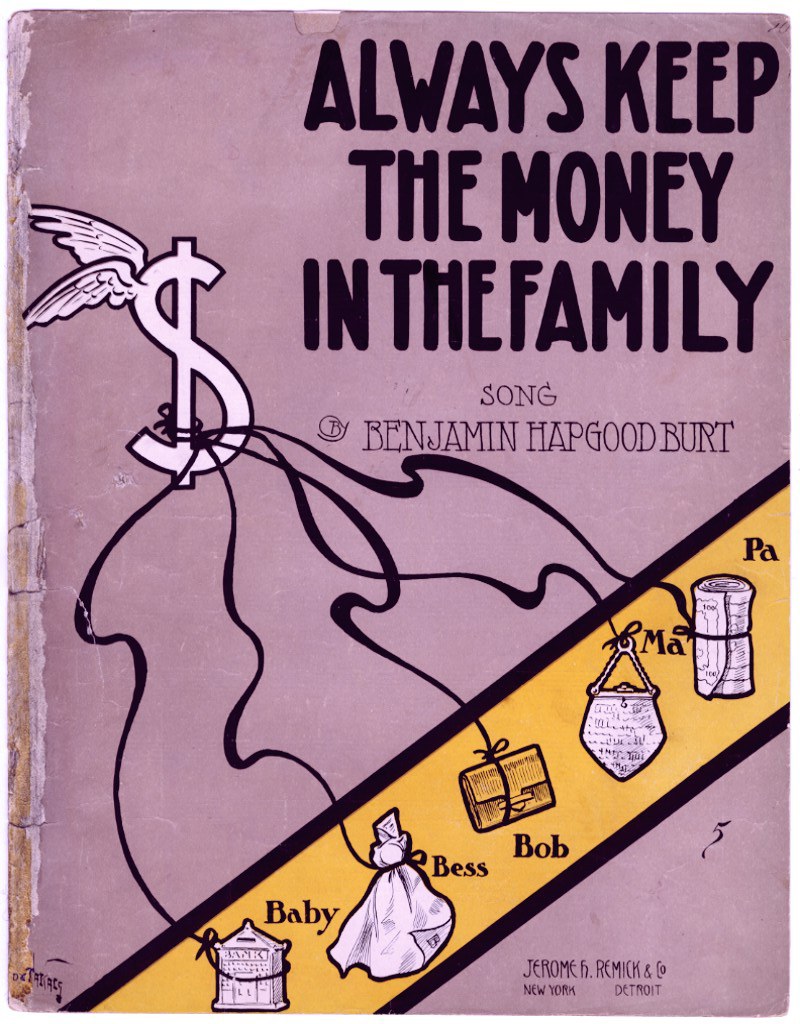 Plakat mit fetter schwarzer Schrift "Immer das Geld in der Familie behalten" auf einem weißen Hintergrund, das eine farbenfrohe Illustration einer strahlenden Familie von vier Personen zeigt, die in einem Kreis unter einem hellblauen Himmel mit weißen Wolken stehen.