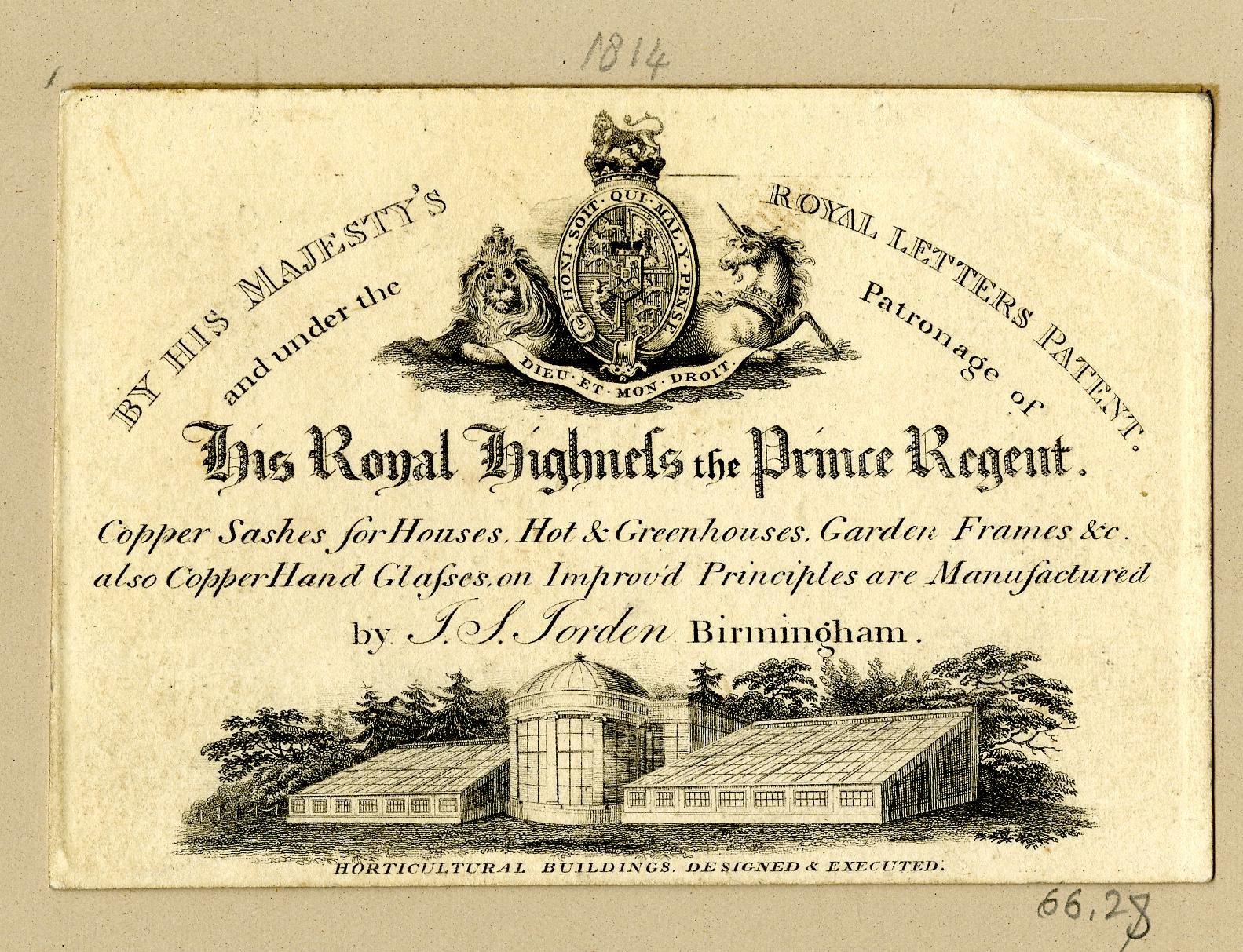 Alte Visitenkarte mit der Aufschrift 'Die königlichen Hochhäuser des Prince Regent' mit einem Bild eines Gebäudes und Bäumen.