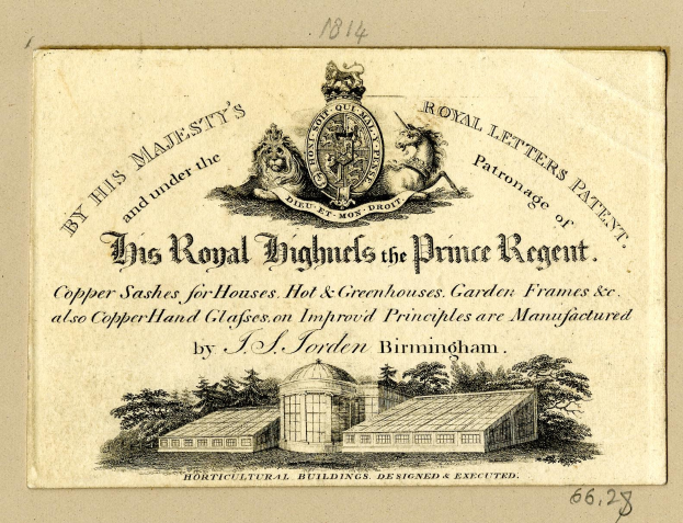 Alte Visitenkarte mit der Aufschrift 'Die königlichen Hochhäuser des Prince Regent' mit einem Bild eines Gebäudes und Bäumen.